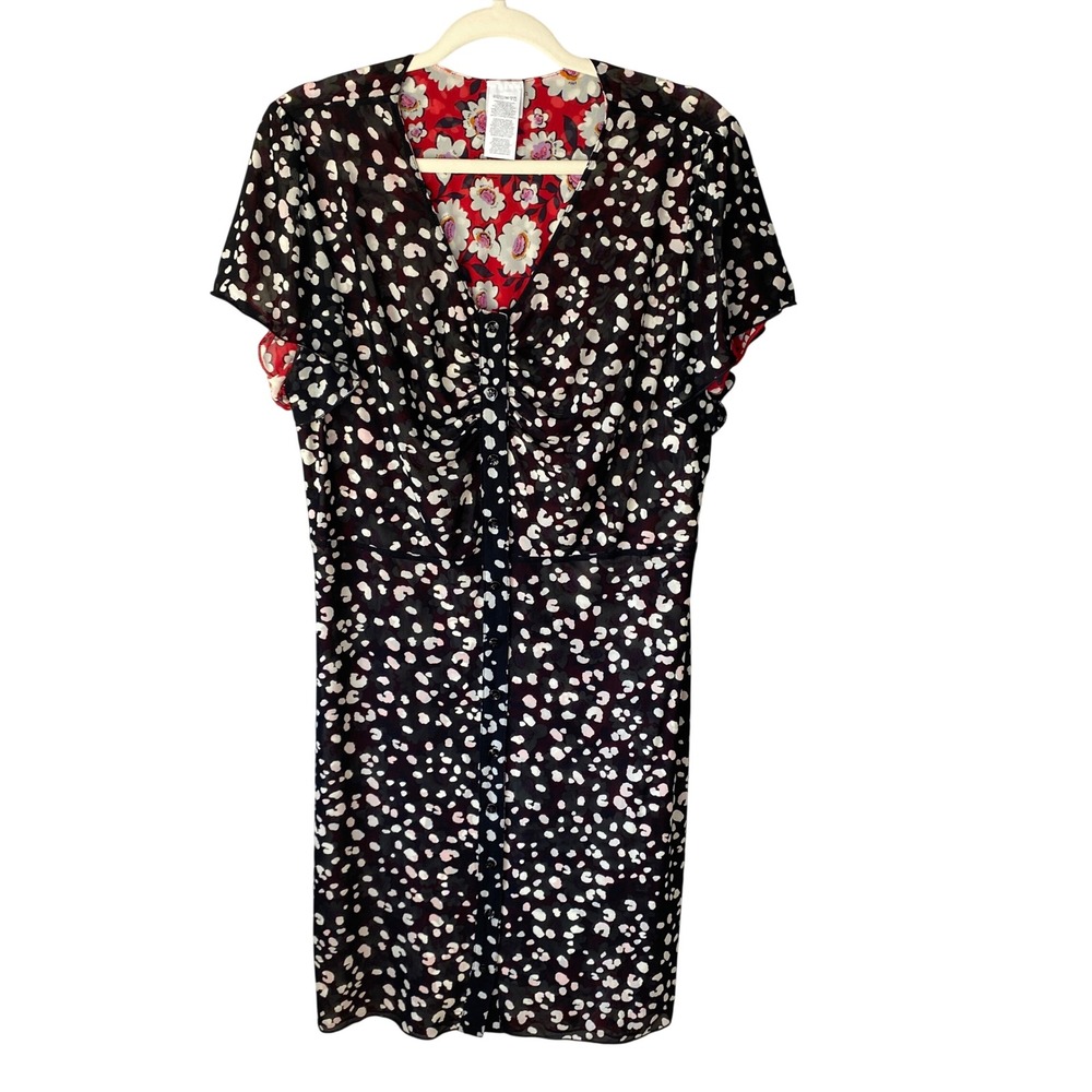 Cabi 6577 Reversible Mesh Dress Womens Large Red Floral Black White Dot V-Neck